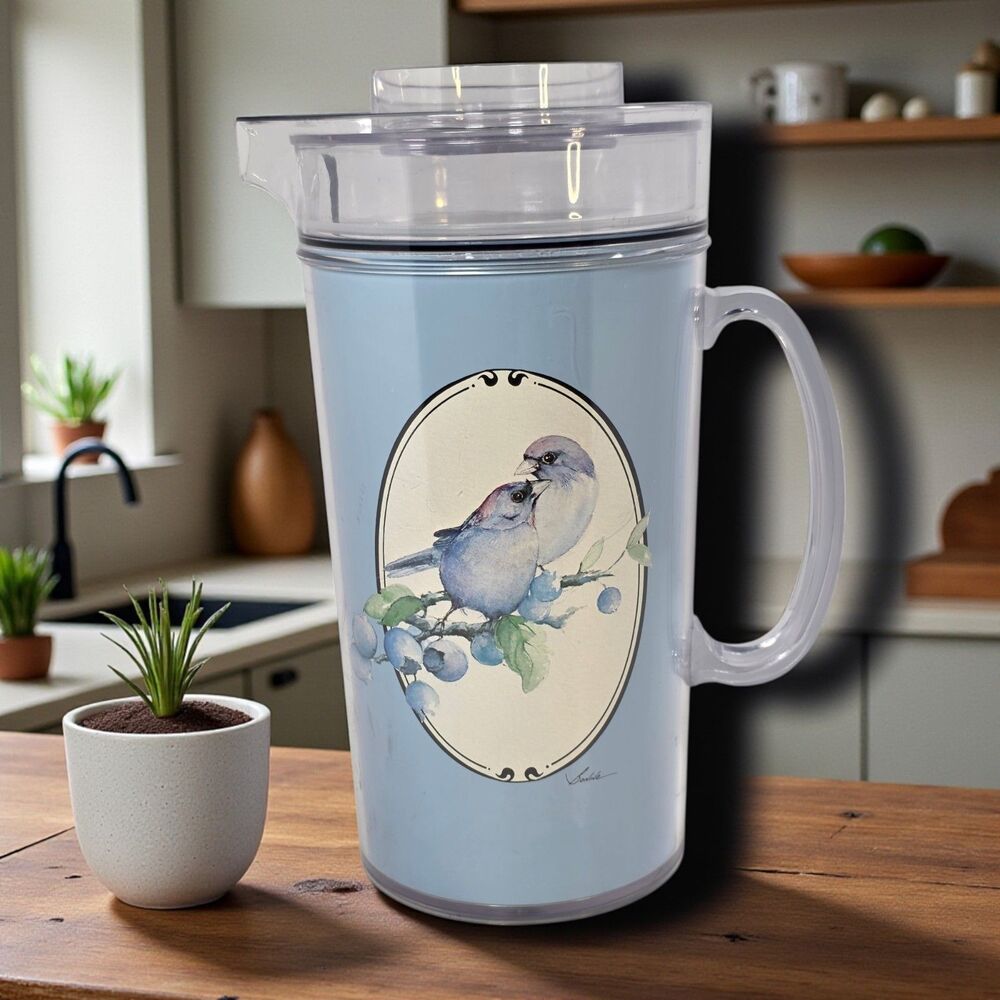 Vintage Thermo-Serv Love Birds Pitcher Bluebirds Blueberries 1983 Cottage Blue